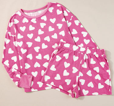 Pink Valentine Heart Shape Print Long Sleeve Top Shorts Lounge Set