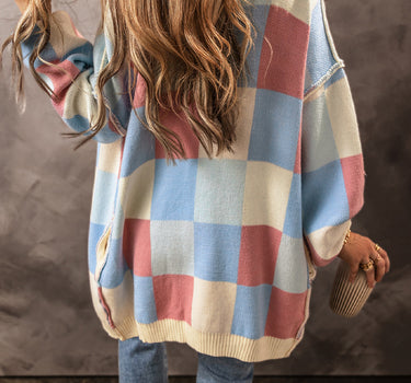 Light Blue Checkered Drop Shoulder Exposed Seam Open Front Cardigan