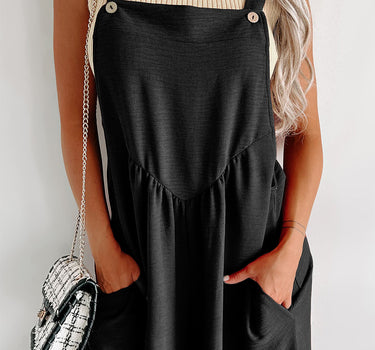 Black Textured Buttoned Straps Ruched Wide Leg Jumpsuit