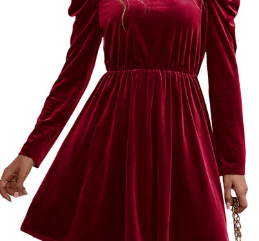 Red Dahlia Velvet Frilled Neck Gigot Sleeve Swing Dress