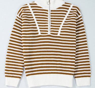 Khaki Stripe Zip up Collar Drop Shoulder Sweater