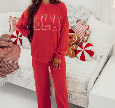 Fiery Red JOLLY Corded Long Sleeve Top and Pockets Pants Set