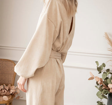 Jolene Apricot Keyhole Back V Neck Tie Waist Loose Jumpsuit