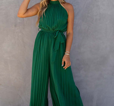 Green Halter Neck Pleated Wide Leg Jumpsuit with Belt