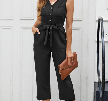 Black Buttoned Sleeveless Cropped Jumpsuit with Sash