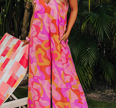 Pink Boho Abstract Print V Neck Wide Leg Jumpsuit