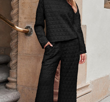 Black Solid Quilted Pullover and Pants Outfit