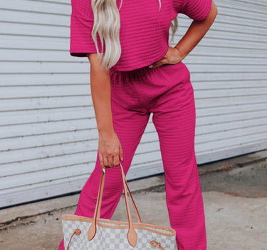 Rose Red Lattice Textured Cropped Tee and Jogger Pants Set