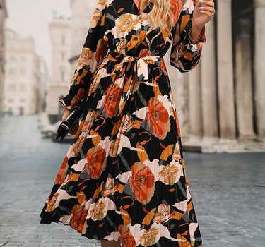 Multicolor Floral Print Waist Tie Pleated Midi Shirt Dress