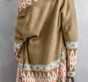 Khaki Aztec Print Open Front Knitted Cardigan