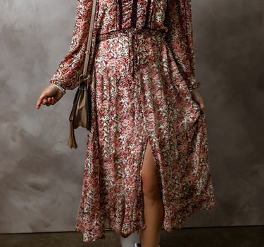 Brown Floral Print Split Front Tiered Frilled V Neck Midi Dress