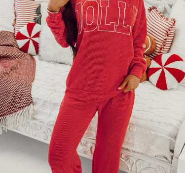 Fiery Red JOLLY Corded Long Sleeve Top and Pockets Pants Set