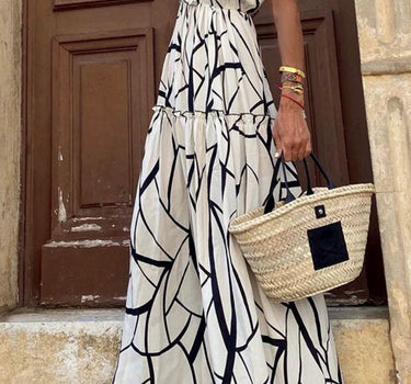 White Abstract Vein Print V Neck Ruffle Maxi Dress