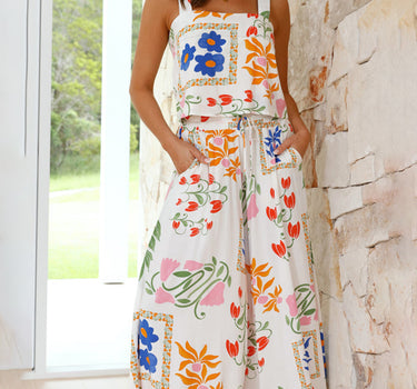 White Colorful Printed Square Neck Tank and Wide Leg Pants Set