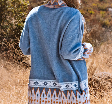 Blue Aztec Print Open Front Knitted Cardigan