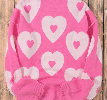 Bonbon Pearl Beaded Heart Drop Shoulder Sweater