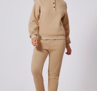 Parchment Solid Half Button Sweatshirt and High Waist Sweatpants Set