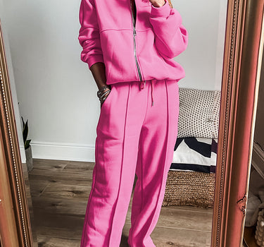 Bright Pink Solid Seamed Zipper Jacket and Drawstring Waist Pants Set